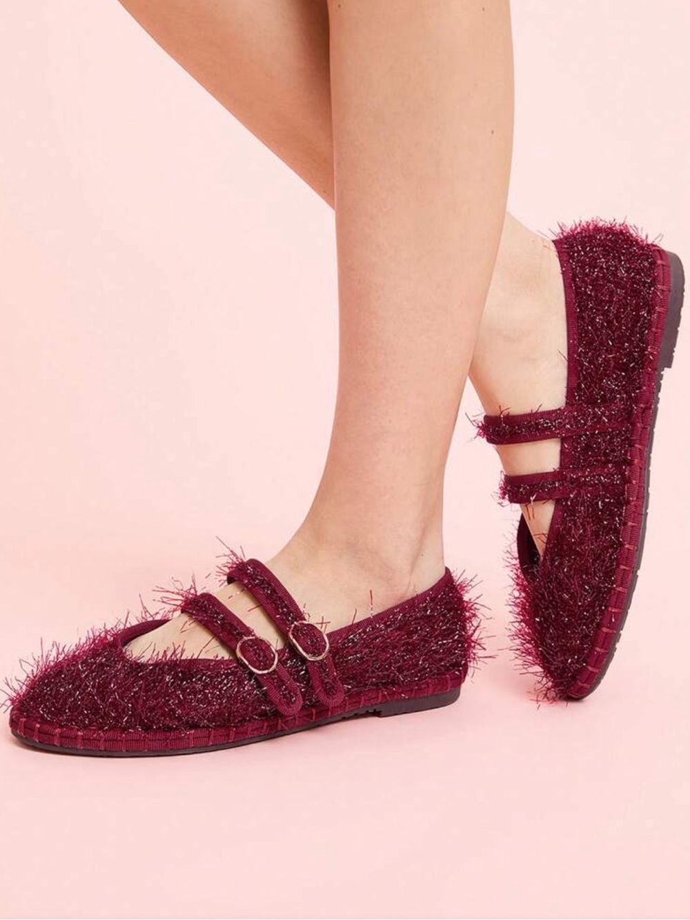 Women’s Burgundy Fuzzy Double-Strap Flats